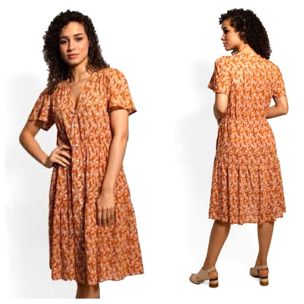 XIRENA EMME Dress Laurel Print Orange Floral Cotton Short Sleeve Small